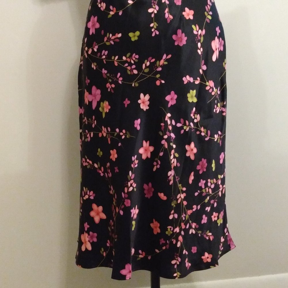 Ann Taylor Vintage 100% Silk Black Japanese Blossoms Midi A-Line Sequined Skirt